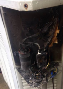 Direct and collateral damage from a lightning strike may include soot and charring to condensing units and other system components.